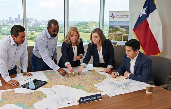 Regional planning professionals collaborating over maps at a conference table, with a Texas flag and city skyline visible behind them.