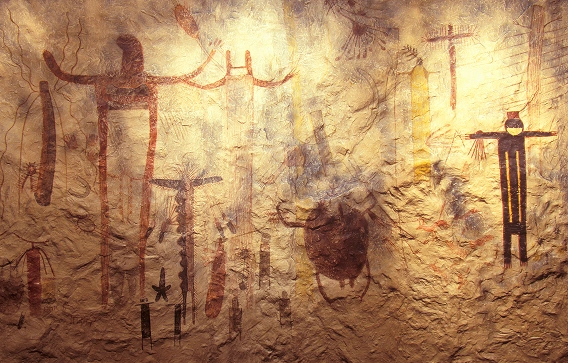 Three scenes related to regional and tribal engagement: people kayaking on a tree-lined urban waterway, professionals reviewing maps in a Texas office, and an ancient rock-art wall featuring painted human and animal figures.