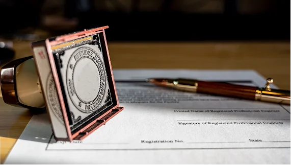 Documents with pen and stamp.