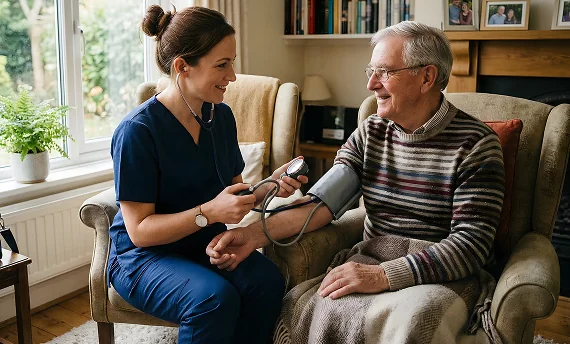  A friendly caregiver checks the blood pressure of a smiling elderly man at home, highlighting supportive in-home care.
