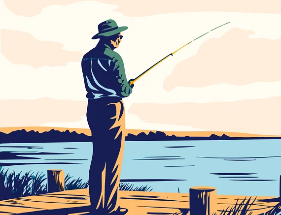 Illustration of a person fishing from a wooden dock, representing the recreational opportunities available with a license.