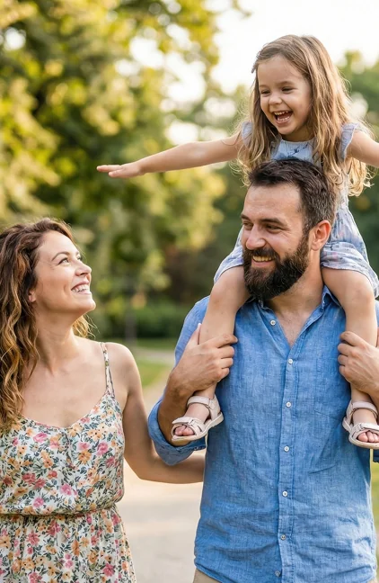 A smiling father carries his young daughter on his shoulders as his partner walks alongside, enjoying their new life in Texas.