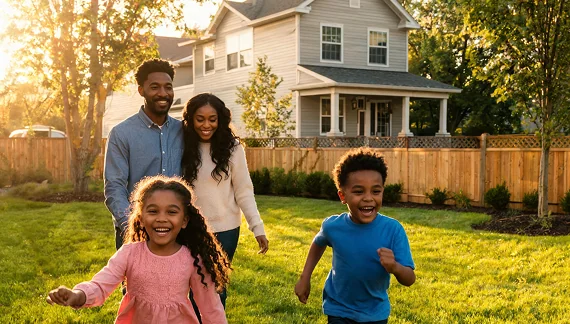 A happy family with two young children laugh and run in the front yard of their new home, symbolizing the joy of homeownership.