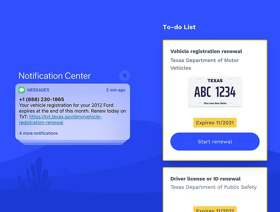 The TxT app's notification center and to-do list, which help users keep track of important deadlines for vehicle and license renewals.