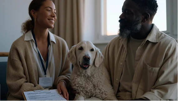 A veteran sits with a supportive counselor and a calm service dog, highlighting the availability of mental health resources.