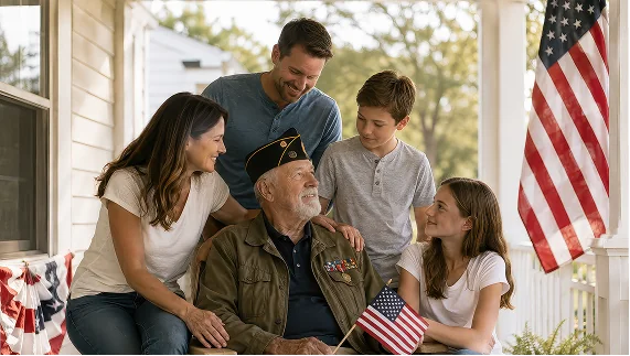 A proud military family sits together on their front porch with an American flag, representing the importance of family support. 